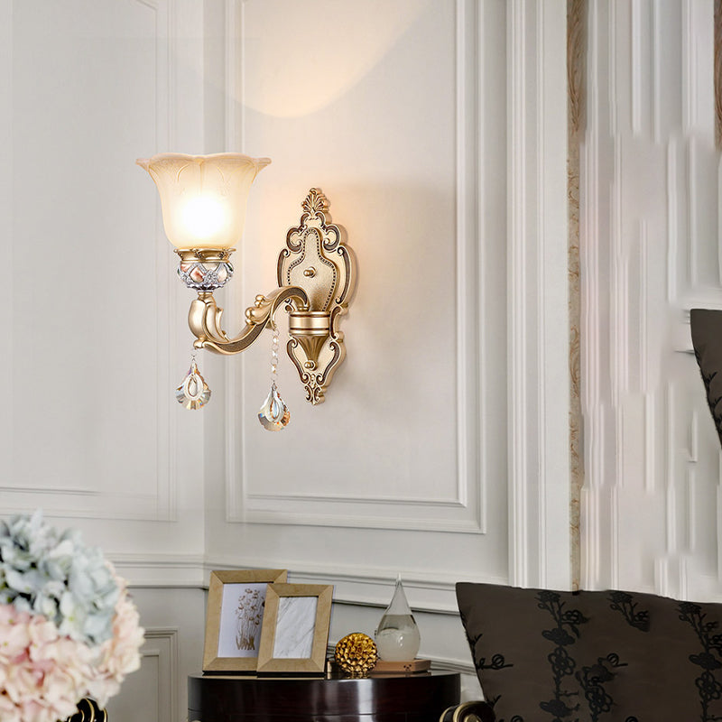 1 Bulb Floral Wall Sconce Vintage White Etched Glass Wall Lamp with Crystal Accent and Gold Curly Resin Arm