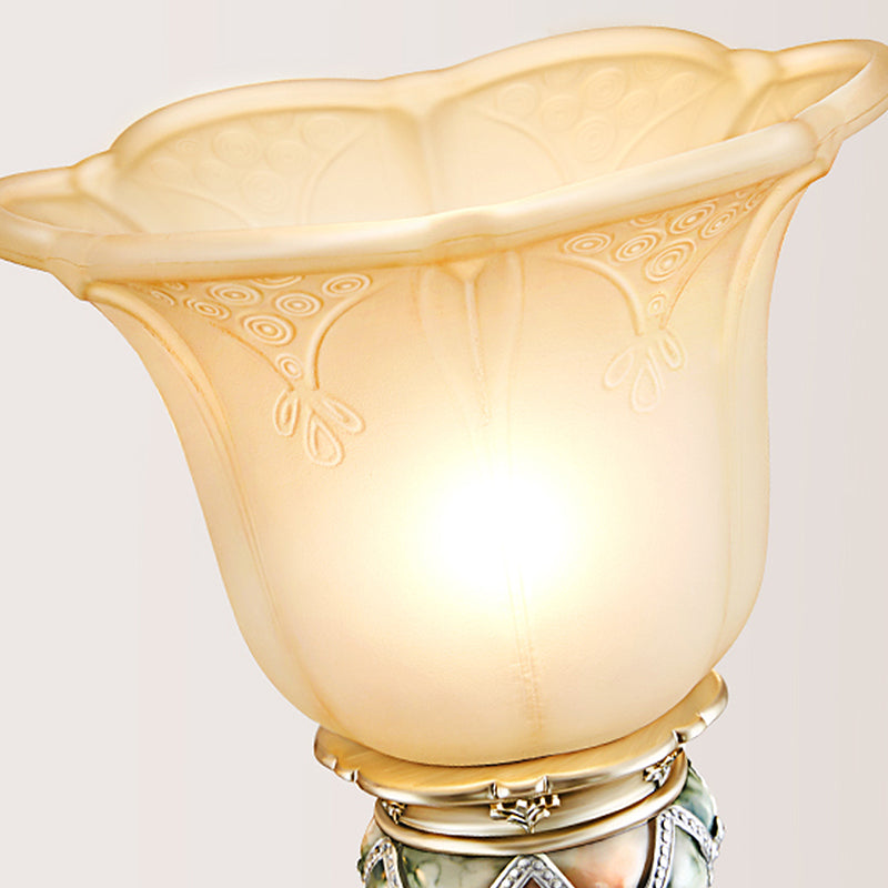 1 Bulb Floral Wall Sconce Vintage White Etched Glass Wall Lamp with Crystal Accent and Gold Curly Resin Arm