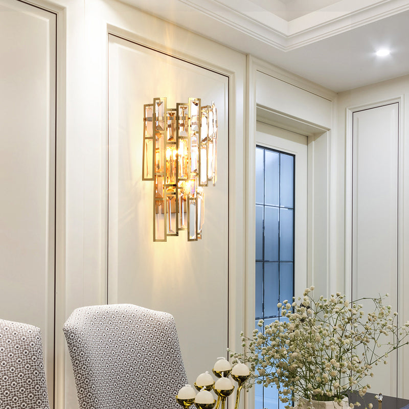 Modern Tier Flush Mount Wall Light 2 Bollen kristalblokken SCONCE -verlichting met gouden metalen frame