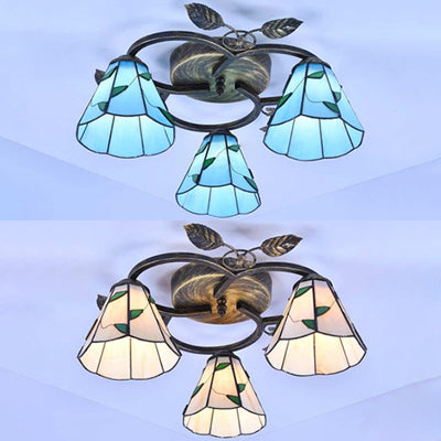 Geometric Ceiling Light Fixture with Pattern Tiffany Stained Glass 3 Lights Flushmount Ceiling Light in Bronze