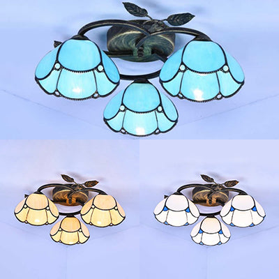 Geometric Ceiling Light Fixture with Pattern Tiffany Stained Glass 3 Lights Flushmount Ceiling Light in Bronze
