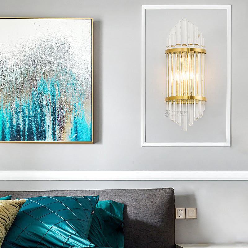 Fluted Clear Crystal Sconce Light Minimalist 2 Lights Gold Finish Banded Indoor Wall Lighting