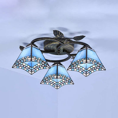 Geometric Ceiling Light Fixture with Pattern Tiffany Stained Glass 3 Lights Flushmount Ceiling Light in Bronze