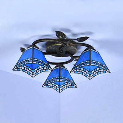 Geometric Ceiling Light Fixture with Pattern Tiffany Stained Glass 3 Lights Flushmount Ceiling Light in Bronze