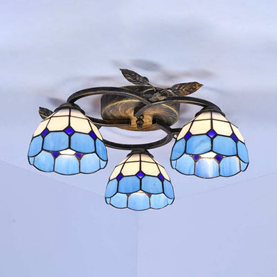 Geometric Ceiling Light Fixture with Pattern Tiffany Stained Glass 3 Lights Flushmount Ceiling Light in Bronze