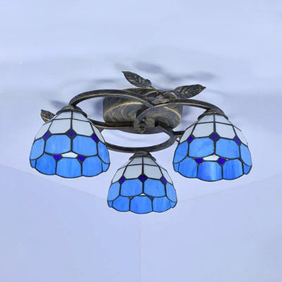 Geometric Ceiling Light Fixture with Pattern Tiffany Stained Glass 3 Lights Flushmount Ceiling Light in Bronze