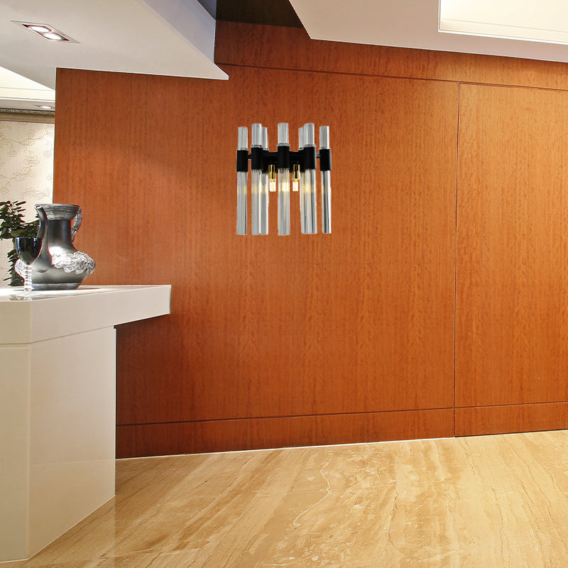 Crystal Tube Sconce Light Modern 2 Lights Living Room Wall Mounted Lamp in Black