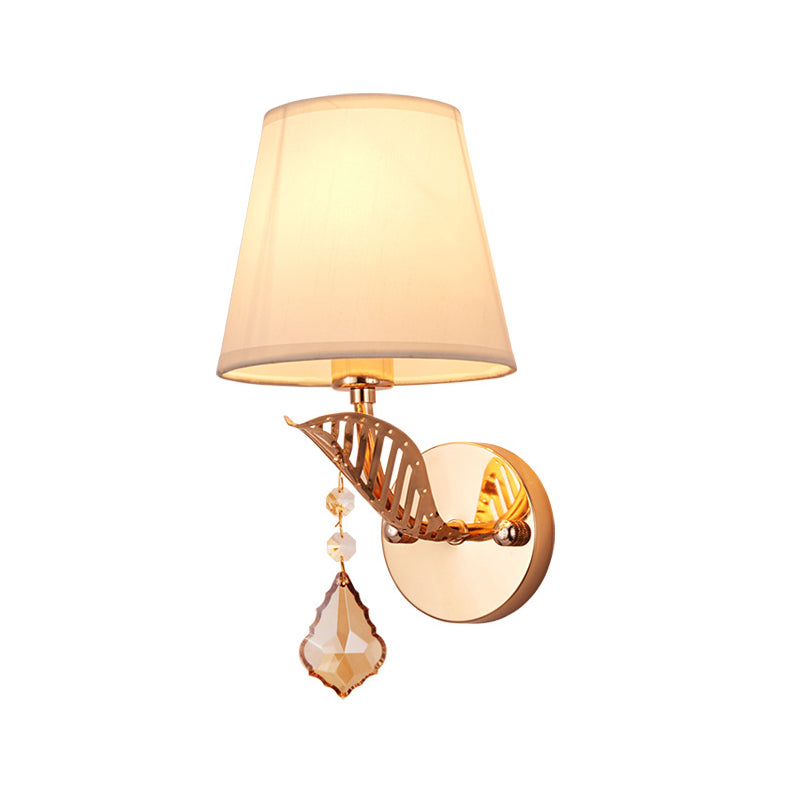 Fabric White/Red/Blue Sconce Light Tapered Bell 1-Light Traditional Wall Lamp for Bedroom with Crystal Drop