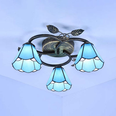 Geometric Ceiling Light Fixture with Pattern Tiffany Stained Glass 3 Lights Flushmount Ceiling Light in Bronze