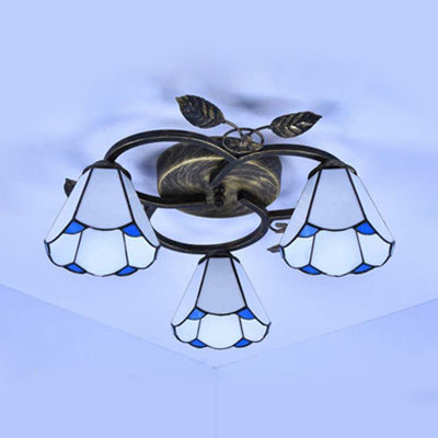 Geometric Ceiling Light Fixture with Pattern Tiffany Stained Glass 3 Lights Flushmount Ceiling Light in Bronze