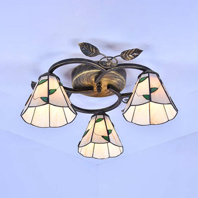 Geometric Ceiling Light Fixture with Pattern Tiffany Stained Glass 3 Lights Flushmount Ceiling Light in Bronze
