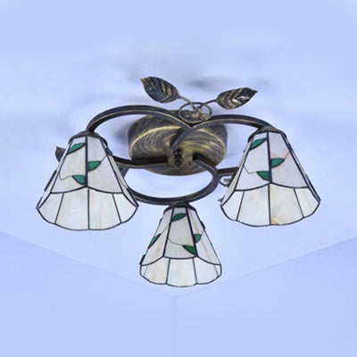Geometric Ceiling Light Fixture with Pattern Tiffany Stained Glass 3 Lights Flushmount Ceiling Light in Bronze