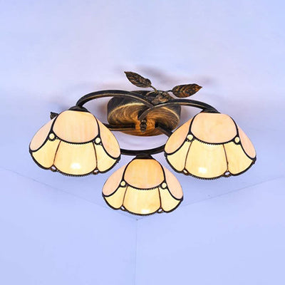 Geometric Ceiling Light Fixture with Pattern Tiffany Stained Glass 3 Lights Flushmount Ceiling Light in Bronze