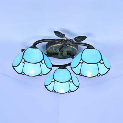 Geometric Ceiling Light Fixture with Pattern Tiffany Stained Glass 3 Lights Flushmount Ceiling Light in Bronze