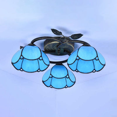 Geometric Ceiling Light Fixture with Pattern Tiffany Stained Glass 3 Lights Flushmount Ceiling Light in Bronze