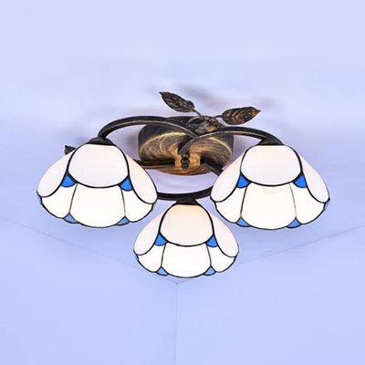 Geometric Ceiling Light Fixture with Pattern Tiffany Stained Glass 3 Lights Flushmount Ceiling Light in Bronze