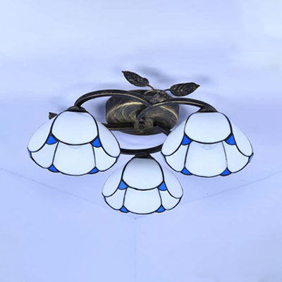 Geometric Ceiling Light Fixture with Pattern Tiffany Stained Glass 3 Lights Flushmount Ceiling Light in Bronze