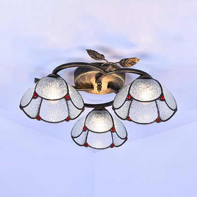 Geometric Ceiling Light Fixture with Pattern Tiffany Stained Glass 3 Lights Flushmount Ceiling Light in Bronze