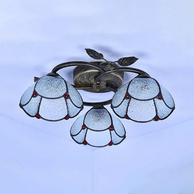 Geometric Ceiling Light Fixture with Pattern Tiffany Stained Glass 3 Lights Flushmount Ceiling Light in Bronze