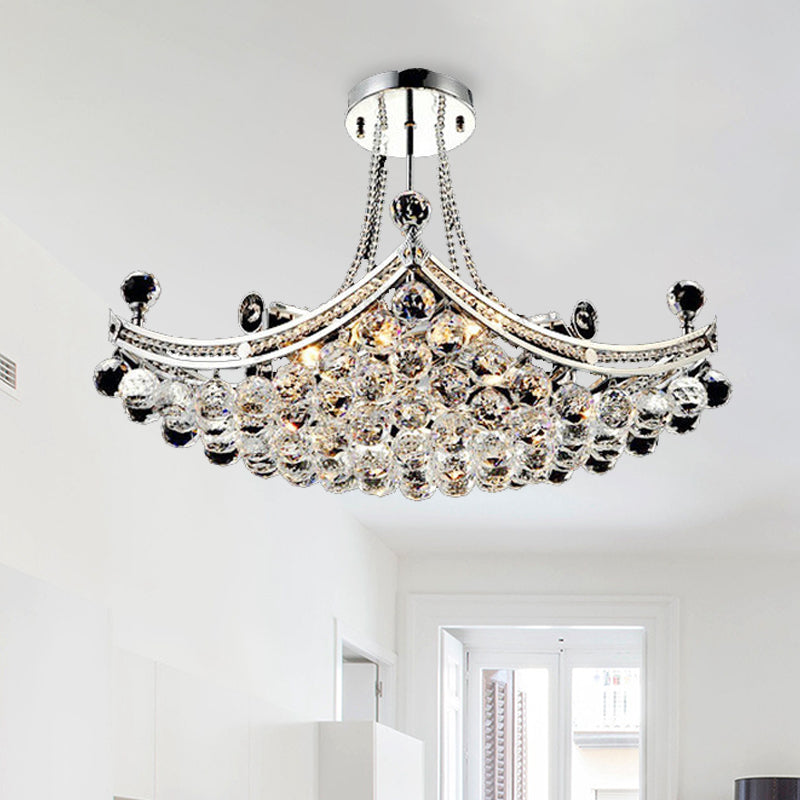 Chrome 6 Lights Semi Flush Light Modern Crystal Boat Shaped Semi-Flush Mount Ceiling Fixture