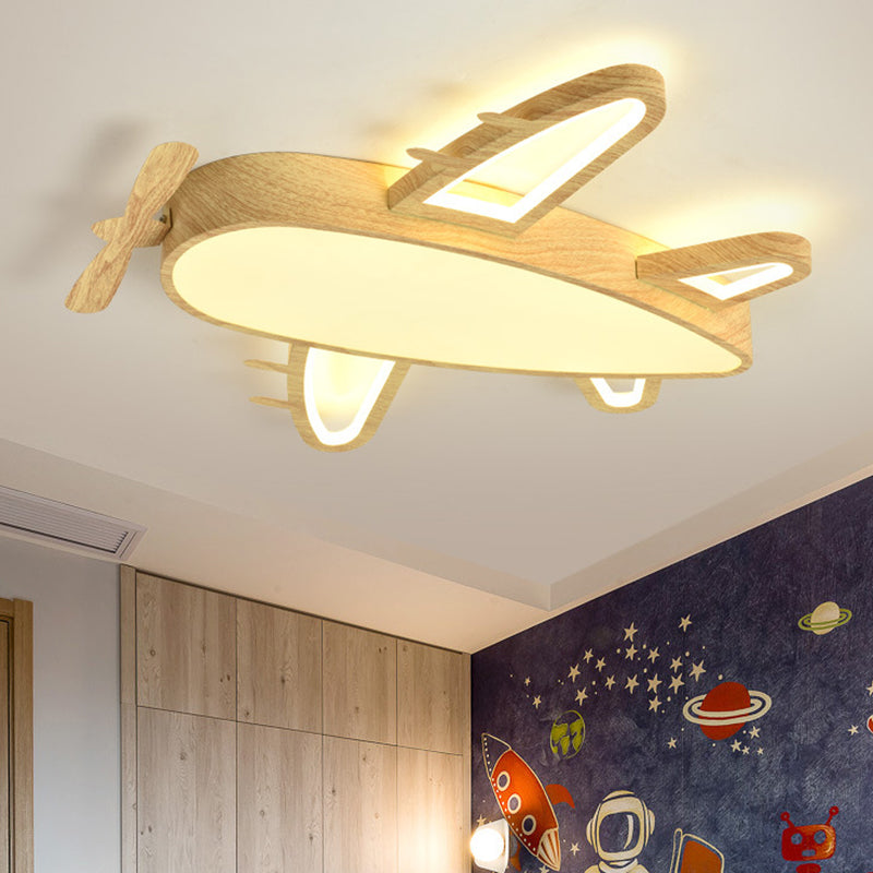 Wooden Airplane Shaped Ceiling Mount Light Cartoon LED Flush Light for Childrens Bedroom
