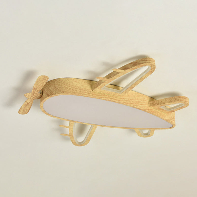 Wooden Airplane Shaped Ceiling Mount Light Cartoon LED Flush Light for Childrens Bedroom