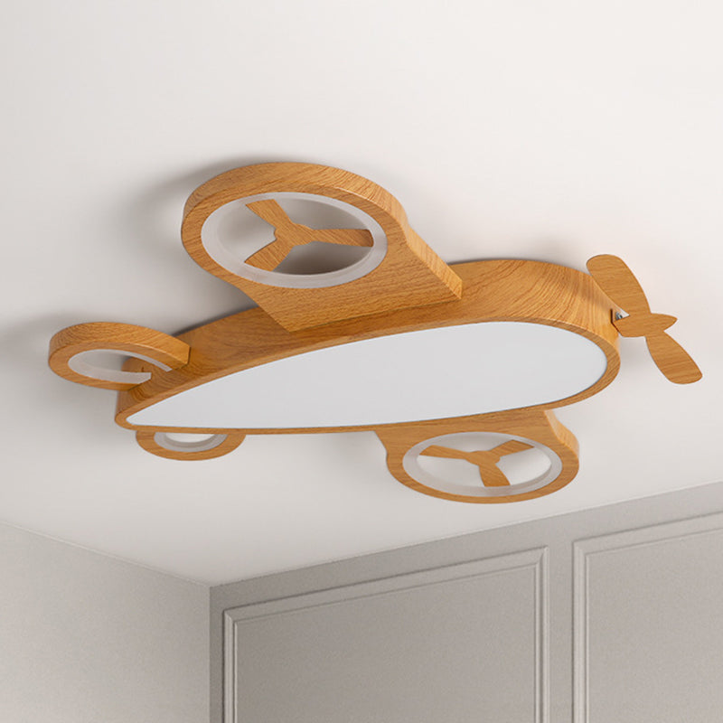 Wooden Airplane Shaped Ceiling Mount Light Cartoon LED Flush Light for Childrens Bedroom