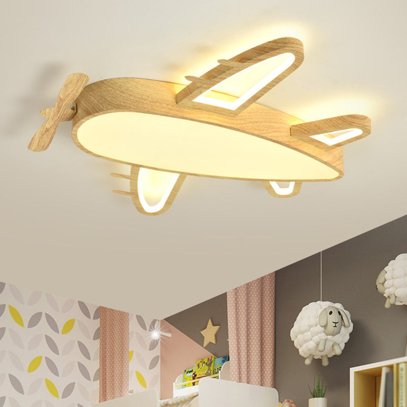 Wooden Airplane Shaped Ceiling Mount Light Cartoon LED Flush Light for Childrens Bedroom