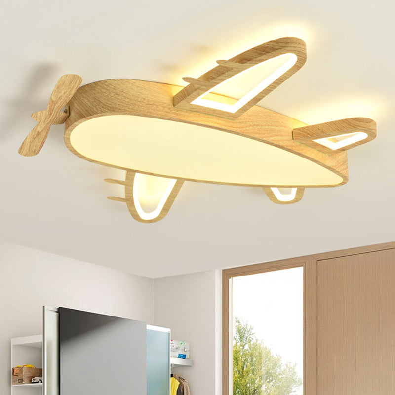 Wooden Airplane Shaped Ceiling Mount Light Cartoon LED Flush Light for Childrens Bedroom