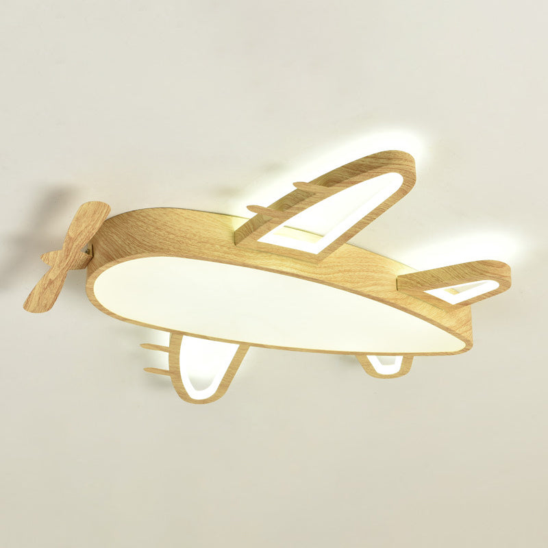 Wooden Airplane Shaped Ceiling Mount Light Cartoon LED Flush Light for Childrens Bedroom