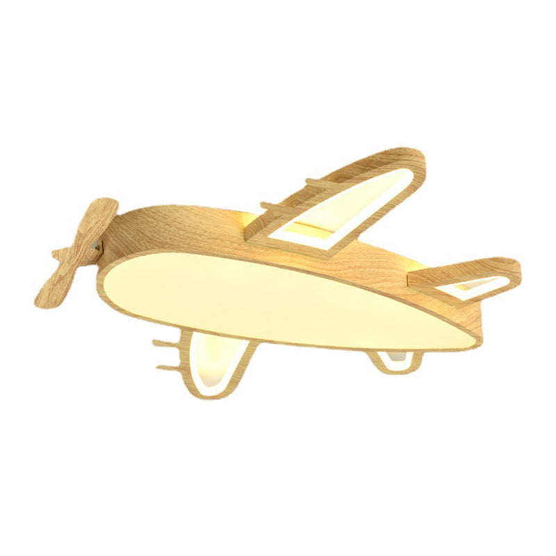 Wooden Airplane Shaped Ceiling Mount Light Cartoon LED Flush Light for Childrens Bedroom