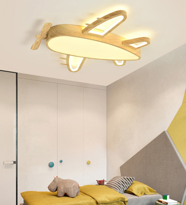 Wooden Airplane Shaped Ceiling Mount Light Cartoon LED Flush Light for Childrens Bedroom
