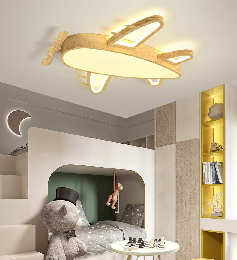 Wooden Airplane Shaped Ceiling Mount Light Cartoon LED Flush Light for Childrens Bedroom