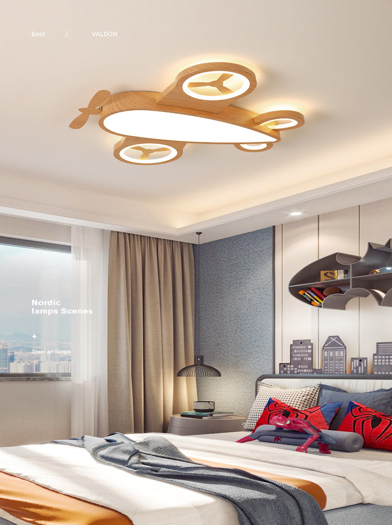Wooden Airplane Shaped Ceiling Mount Light Cartoon LED Flush Light for Childrens Bedroom