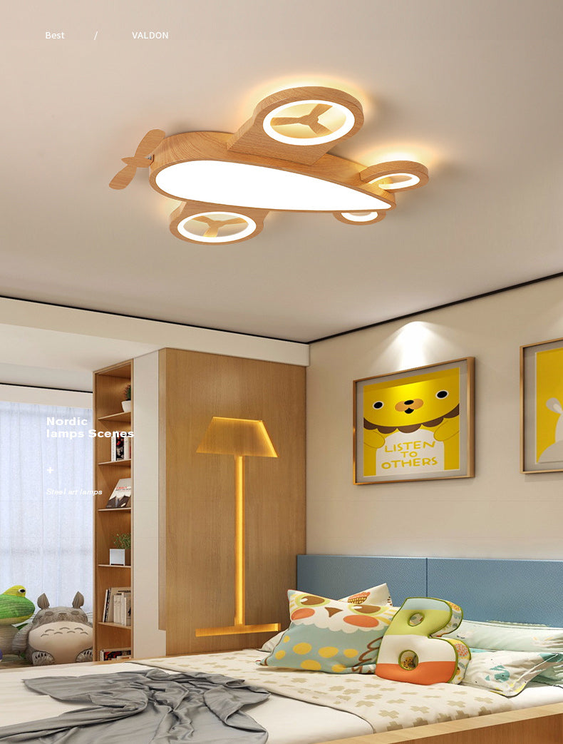 Wooden Airplane Shaped Ceiling Mount Light Cartoon LED Flush Light for Childrens Bedroom