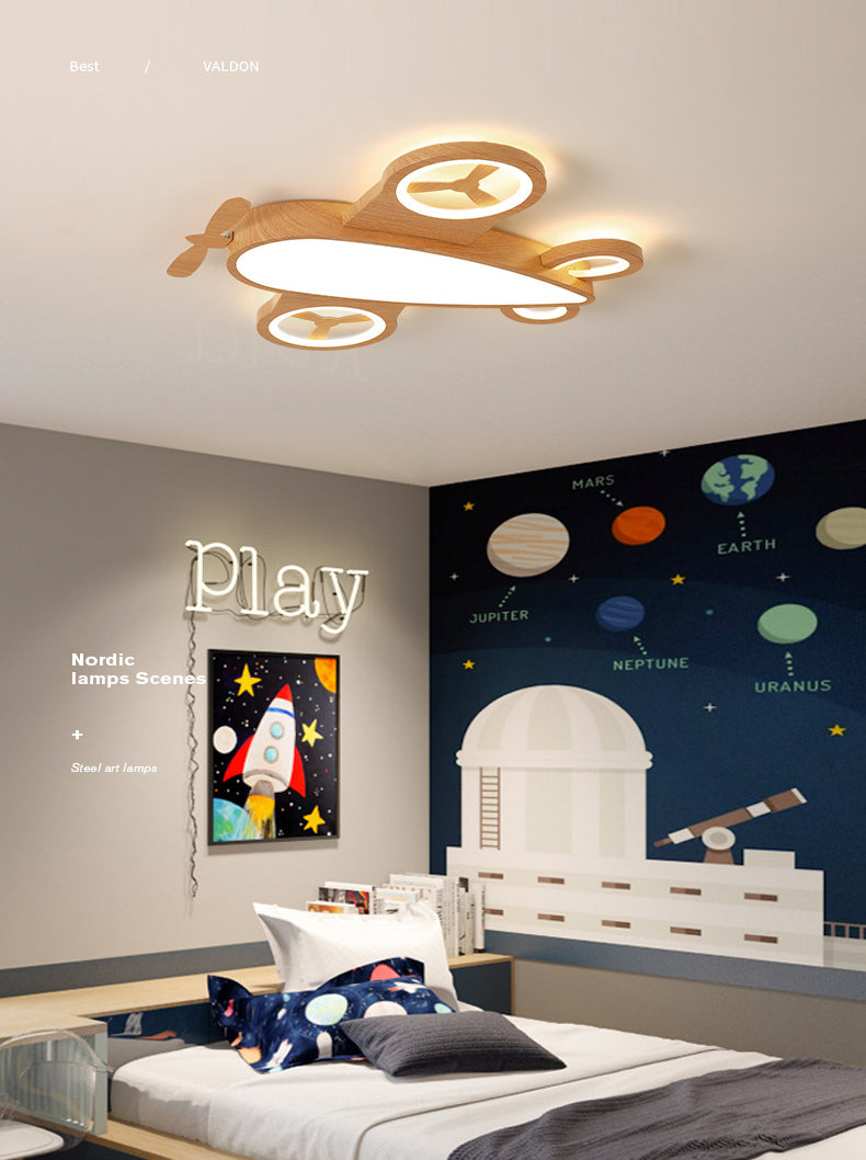 Wooden Airplane Shaped Ceiling Mount Light Cartoon LED Flush Light for Childrens Bedroom