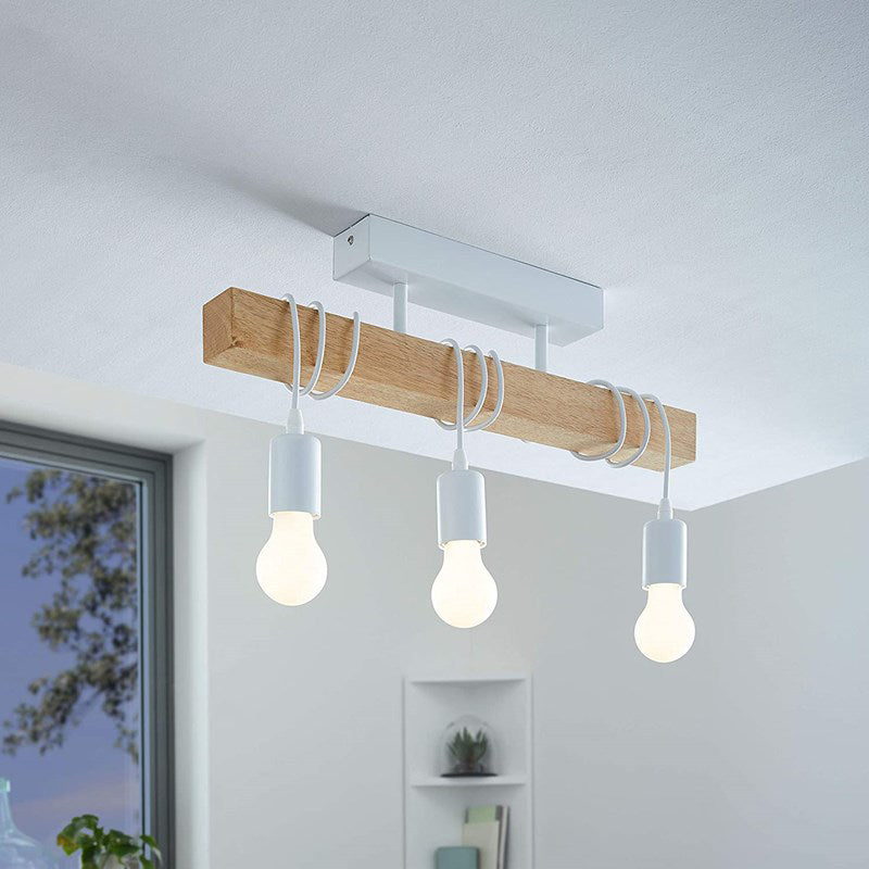3-Light Bare Bulb Ceiling Fixture Industrial Wooden Semi Flush Mount Light for Kitchen