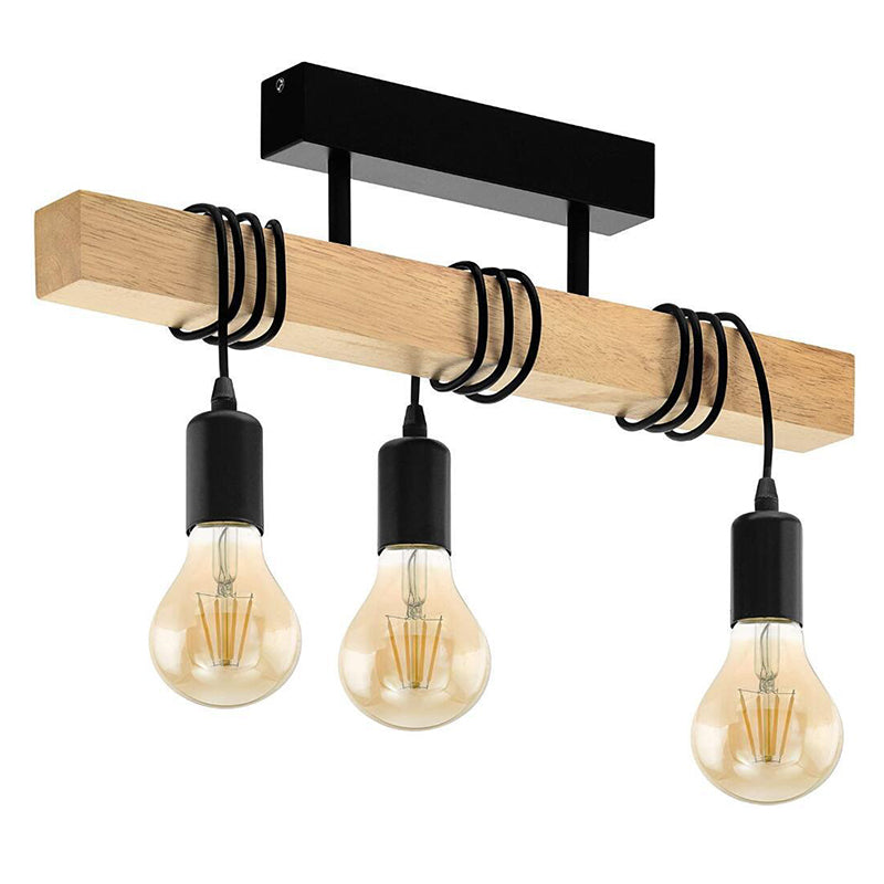 3-Light Bare Bulb Ceiling Fixture Industrial Wooden Semi Flush Mount Light for Kitchen
