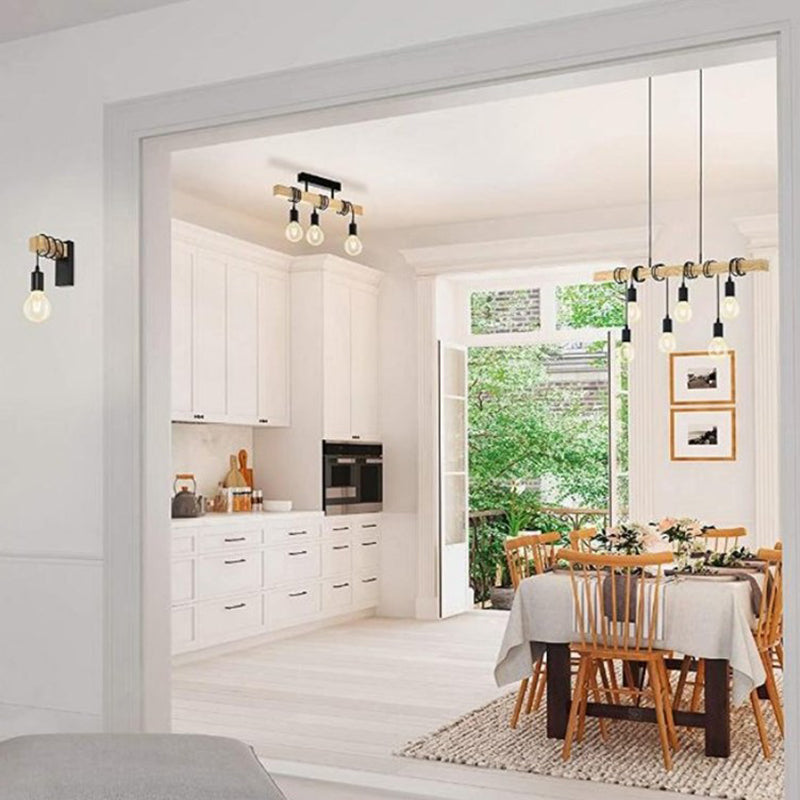 3-Light Bare Bulb Ceiling Fixture Industrial Wooden Semi Flush Mount Light for Kitchen