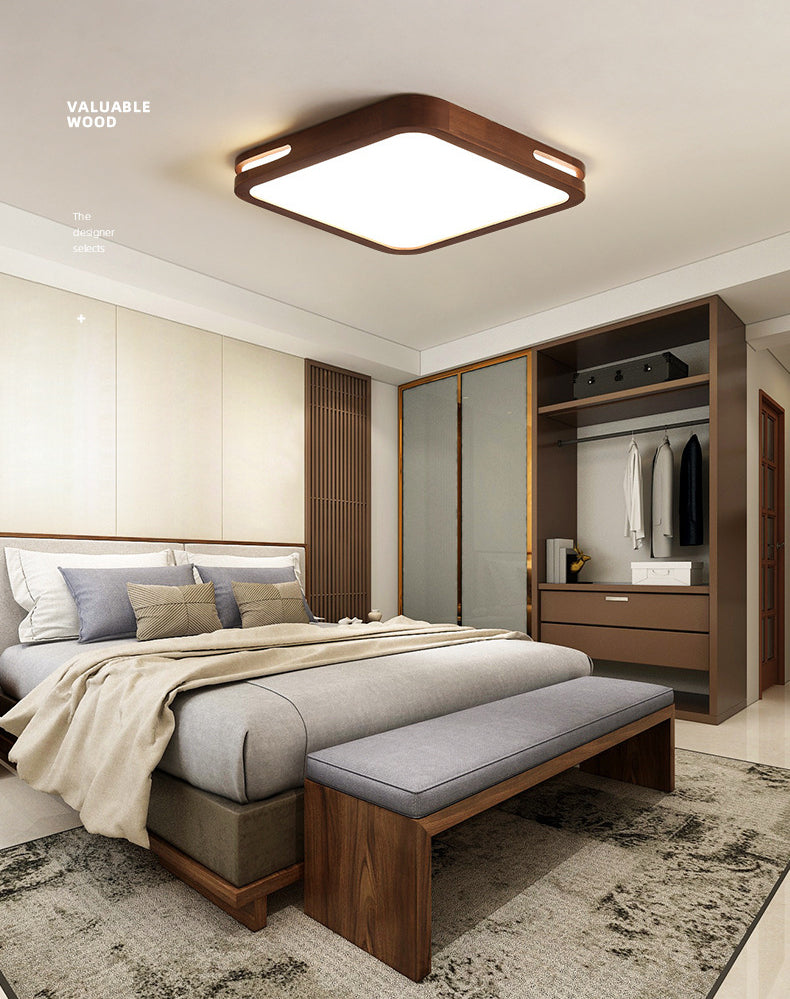 Dark Brown Geometric Flush Light Minimalist LED Wooden Ceiling Mounted Light for Bedroom
