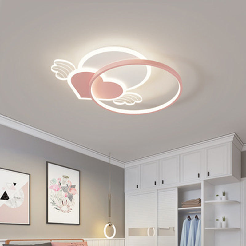 Cartoon Heart Vleugel Flush Mount Plafond Licht Metaal Kids Room LED Flush Light met Halo Ring