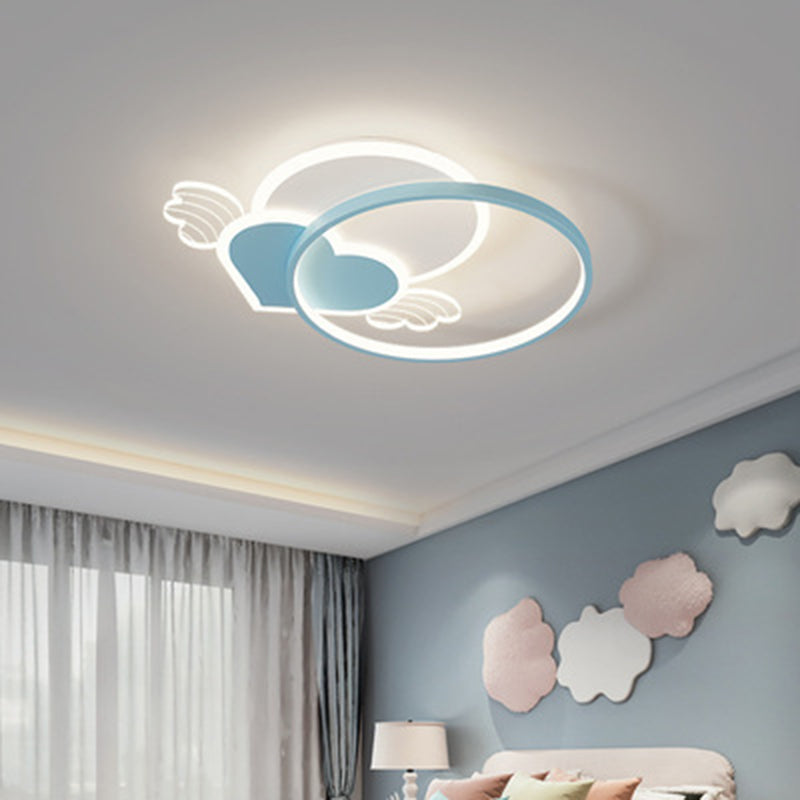 Cartoon Heart Vleugel Flush Mount Plafond Licht Metaal Kids Room LED Flush Light met Halo Ring