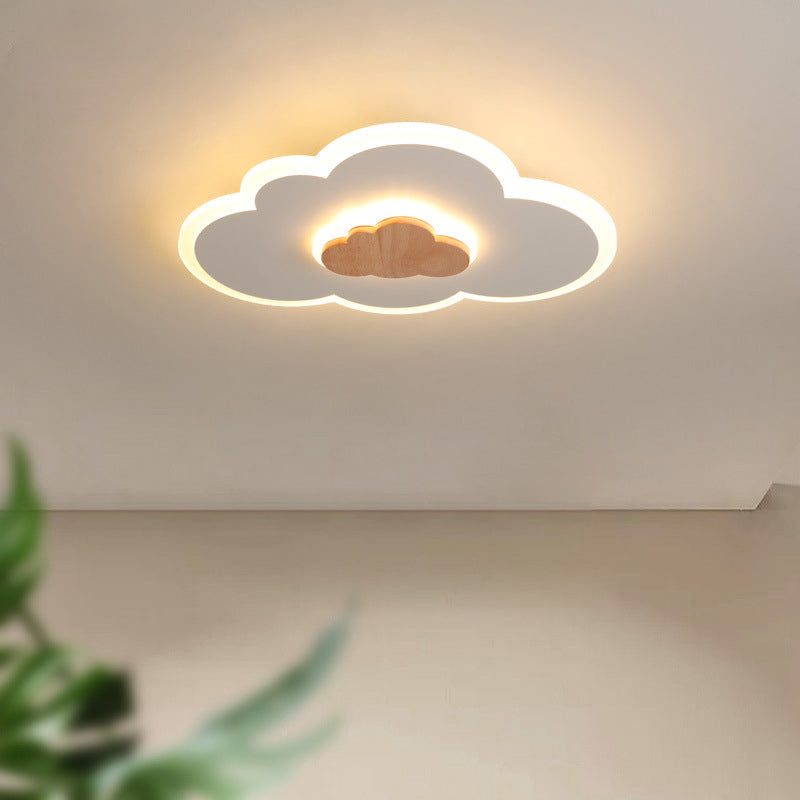 Acrylic Cloud Shaped Flush Light Cartoon White and Wood LED Ceiling Flush Light for Child Room