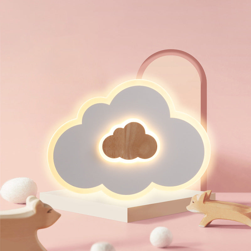 Acrylic Cloud Shaped Flush Light Cartoon White and Wood LED Ceiling Flush Light for Child Room