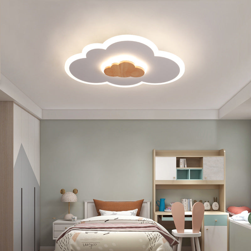 Acrylic Cloud Shaped Flush Light Cartoon White and Wood LED Ceiling Flush Light for Child Room