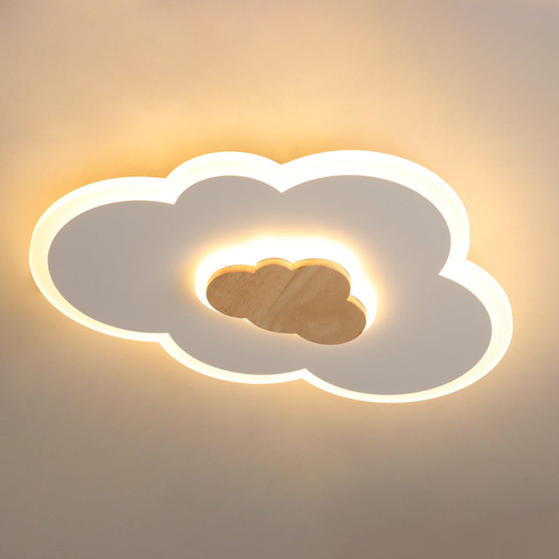 Acrylic Cloud Shaped Flush Light Cartoon White and Wood LED Ceiling Flush Light for Child Room