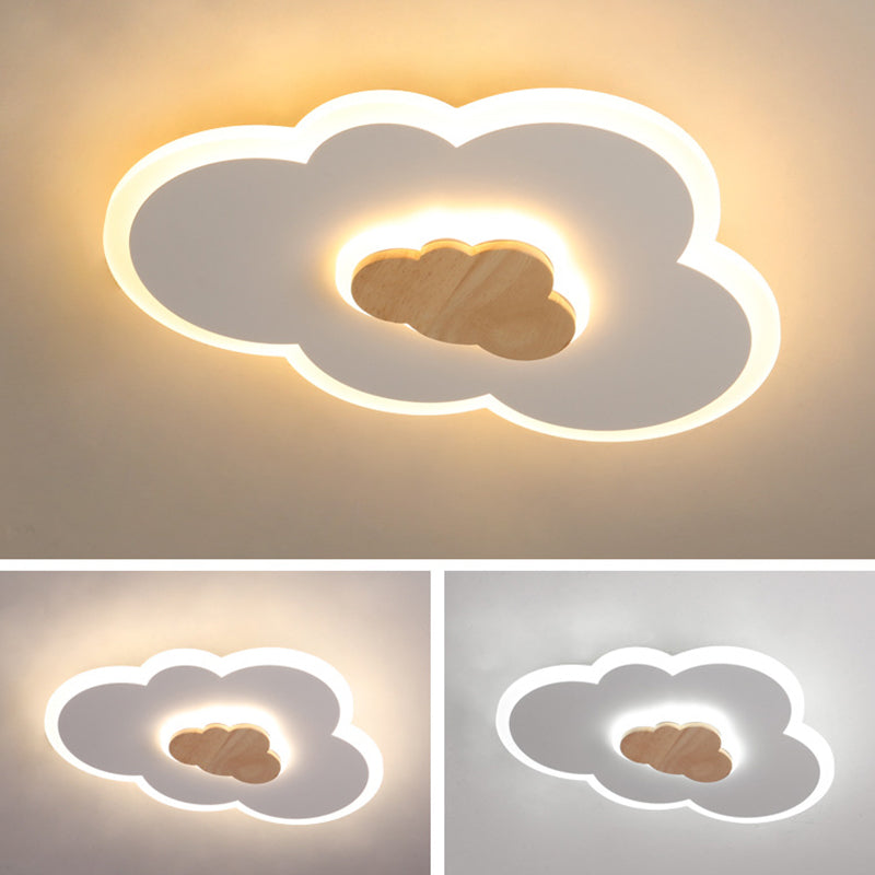 Acrylic Cloud Shaped Flush Light Cartoon White and Wood LED Ceiling Flush Light for Child Room