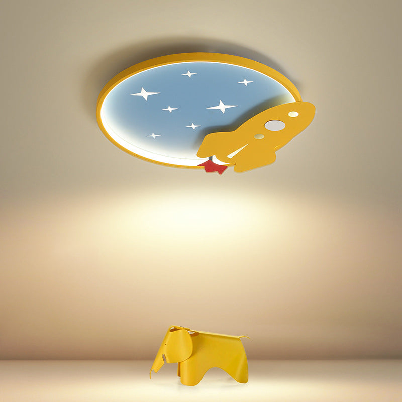 Lampe de plafond LED en métal de dessin animé de lumière affleurante de cercle jaune-bleu avec le décor de fusée