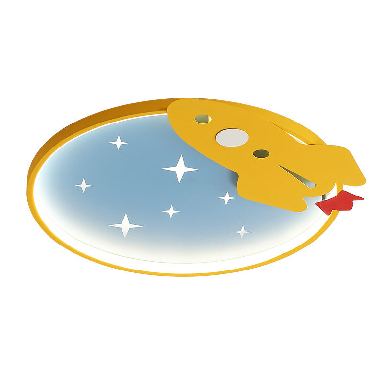 Lampe de plafond LED en métal de dessin animé de lumière affleurante de cercle jaune-bleu avec le décor de fusée