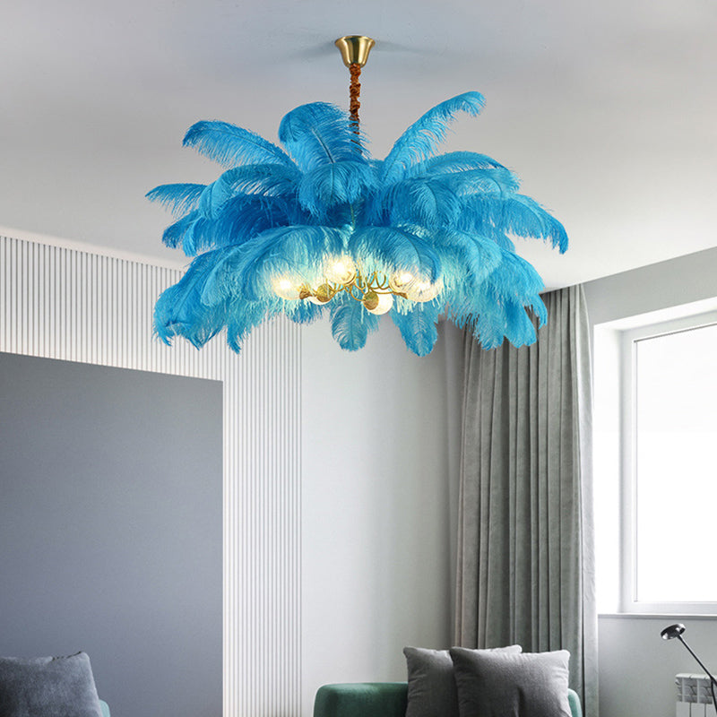 Ostrich Feather Ceiling Chandelier Modern Nordic Creative 6 Light Hanging Ceiling Light for Bedroom